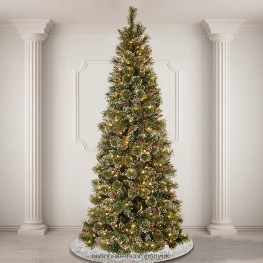 Trees | National Tree Company Pre-Lit Artificial Slim Christmas Tree Glittering Pine Green White Lights Power-Connect Decorated with Pine Cones Includes Stand 7 Feet F2L4F92